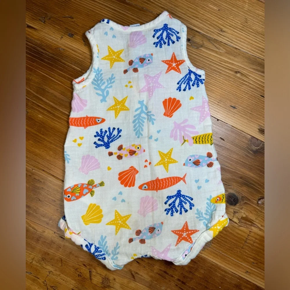 EUC Old Navy Unisex Cotton‎ Sleeveless Henley Romper 12-18 month sea life print
